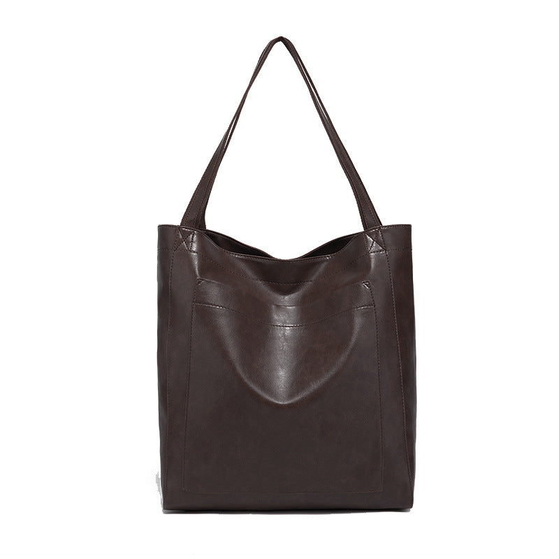 Women's Soft Leather Hand Bill With Pocket Shoulder Vintage Oil Wax Leather Large Capacity New Tote Bag For
