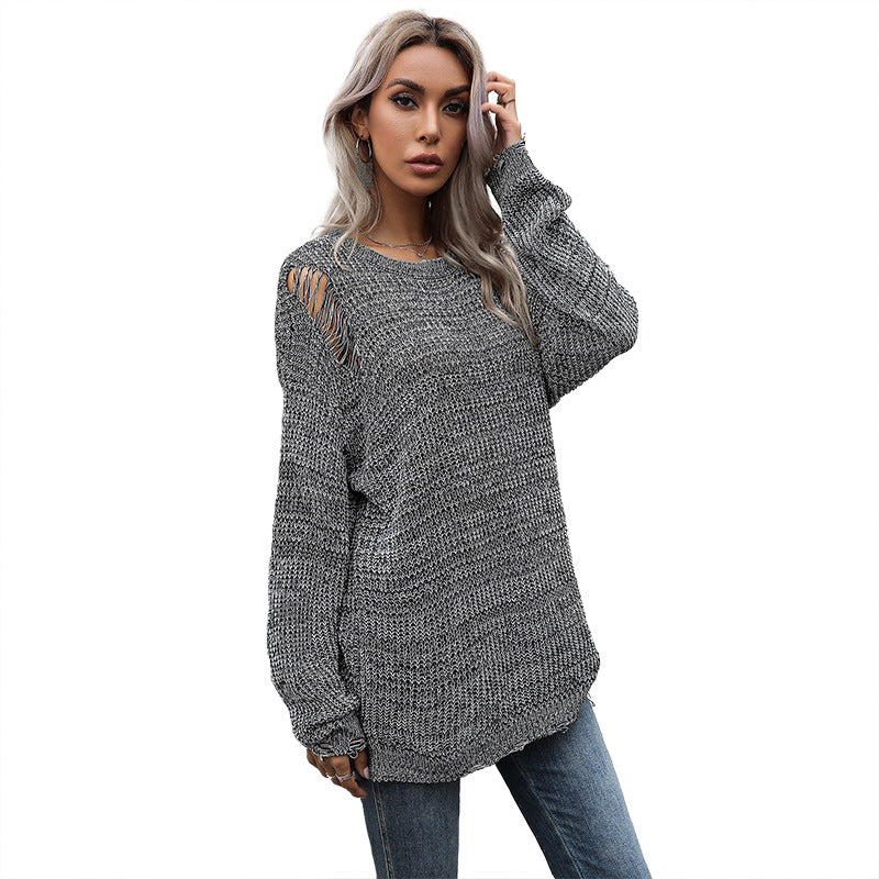Autumn Wind Hole Solid Color Crew-Neck Mori Sweater Knit Woman