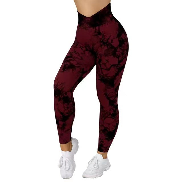 Cross Waist Tie-Dye Seamless Knit Tight Hip Lift Yoga Pants Women's Peach Hip Fitness