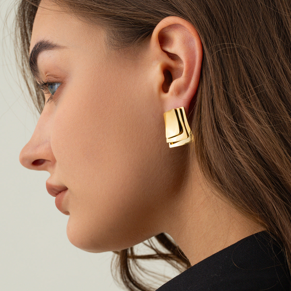 5pcs 16K Gold Stainless Steel Multi-Layer Geometric Earrings Women's Fashion All-In-One Earrings