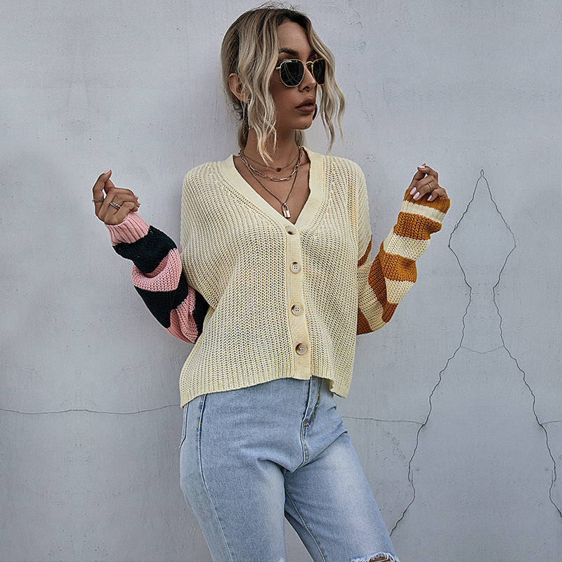 Women's Fashion Splicing Long-Sleeved Cardigan Sweater Spring And Autumn Coat Women