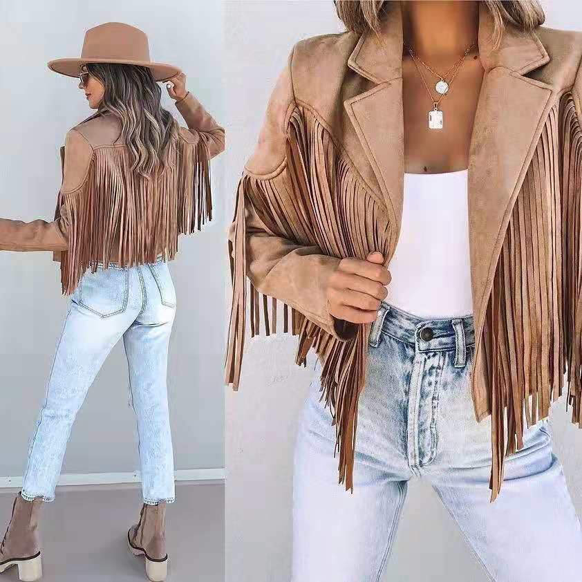 Women's Autumn New Slim-Fit Top Long-Sleeve Printed Fringe Coat Female