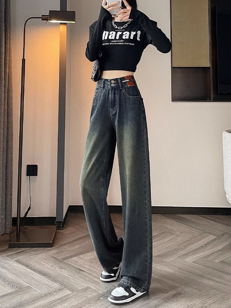Gray Narrow Version Of Wide Leg Jeans Women's New Autumn High Waist Hanging Loose Straight Leg Pants