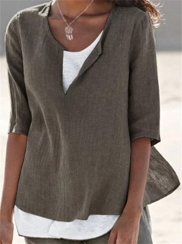 New Autumn And Winter V-Neck Solid Color Cotton Linen Large Size Sleeve Women's Shirt