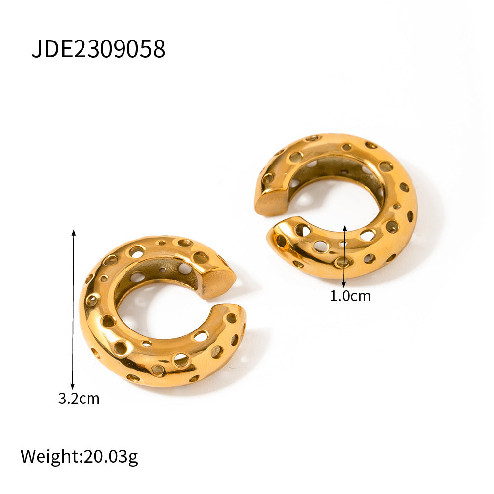 5pcs Fashion 18K Gold Stainless Steel Round Hollow C-Shaped Earrings Clip Combination Earrings Studs