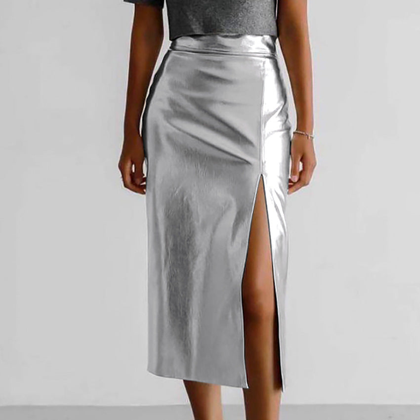 Silver Faux Leather Futuristic High-Waisted Slit Skirt New Fall Fashion Women