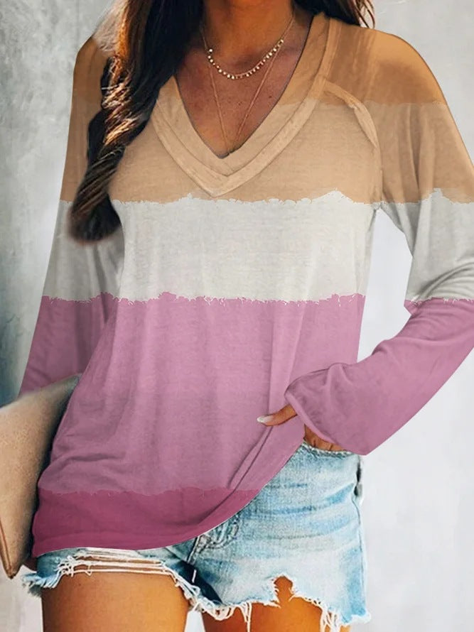 Autumn And Winter Women's Tie Dye Gradual Print V-Neck Long Sleeve T-Shirt Woman
