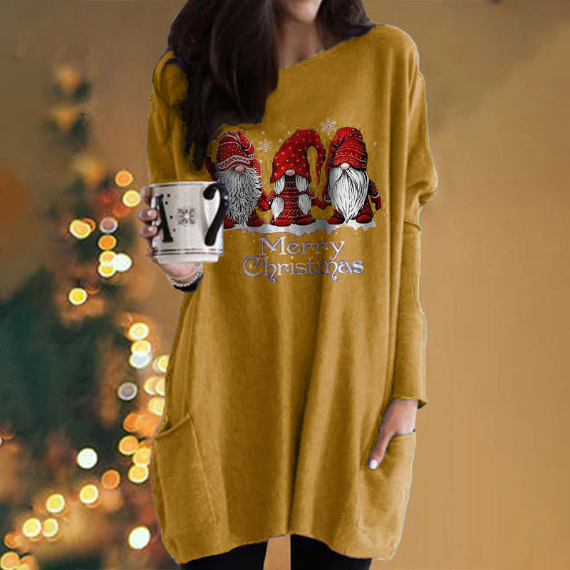Santa Claus Printed Long Sleeve Pocket Round Neck T-Shirt Dress