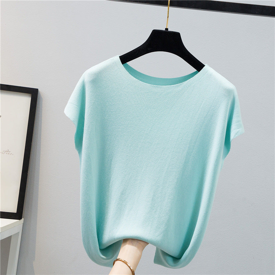 Summer Women's Solid Color Knitted T-Shirt Short Sleeve Ice Silk Color Contrast Design Thin