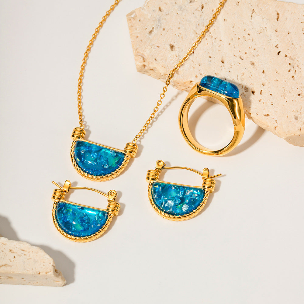 5pcs Stylish Retro Style Natural Blue Resin Fan Basket Pendant Necklace Women's Stainless Steel Jewelry