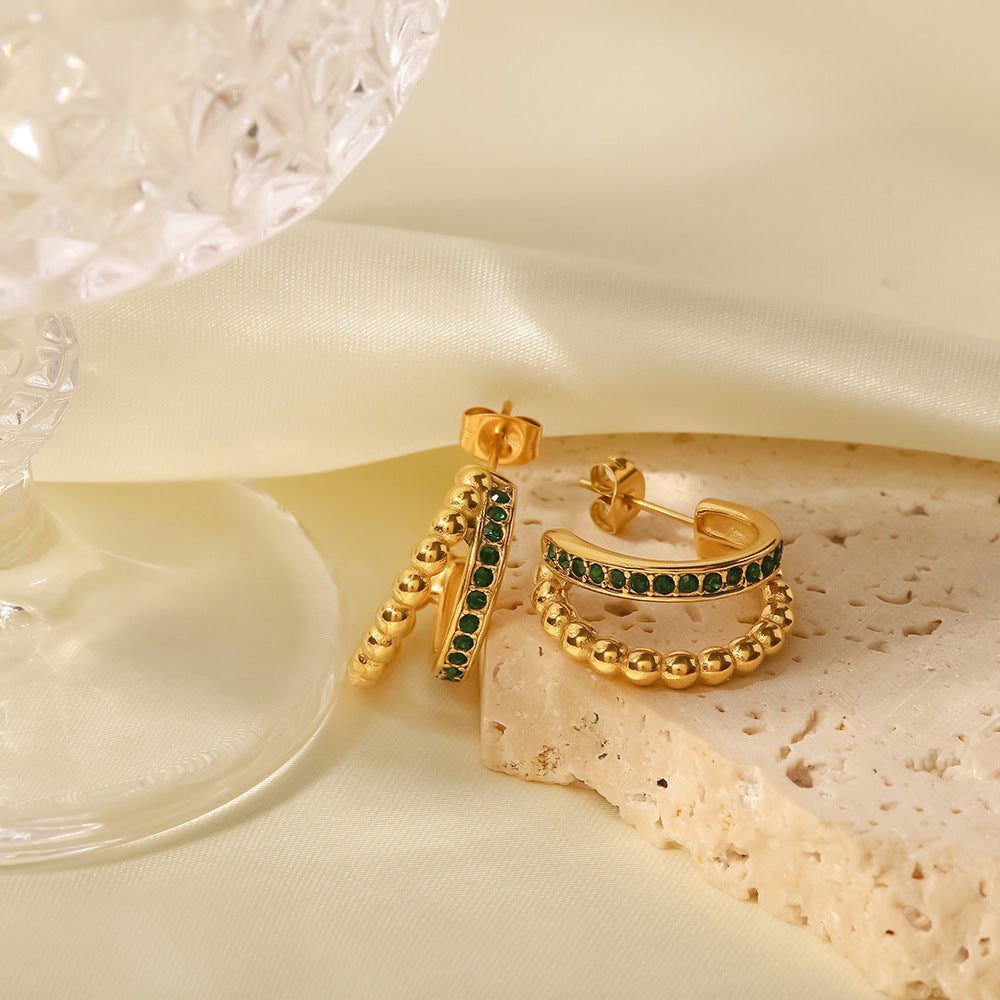5pcs 18K Gold Plated Stainless Steel Fashion Matching C-Shaped Double Gold Beads Inlaid With Green Diamond Earrings Jewelry Women
