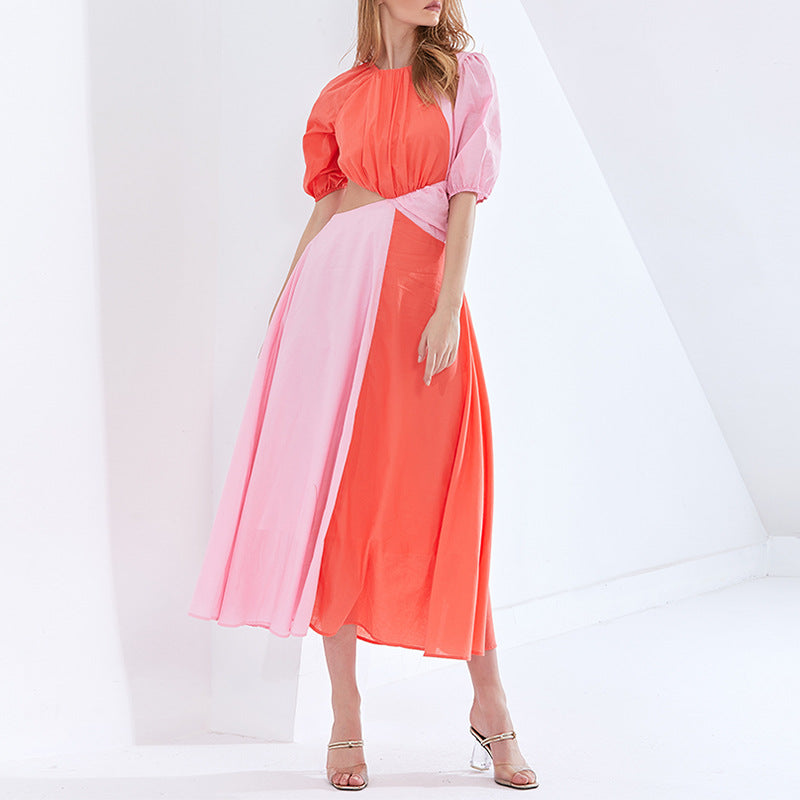 Fashion Spring New Fashion Temperament Sexy Waist-Contrasting Short-Sleeved Mid-Length Dress