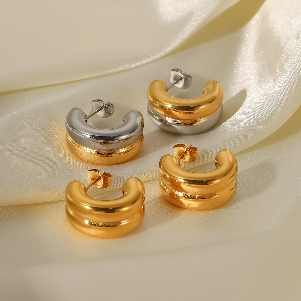 5pcs 18K Gold Stainless Steel Double Earrings Style Gold And Silver Matching Color Titanium Steel Earrings Women's Fashion Personality Earrings