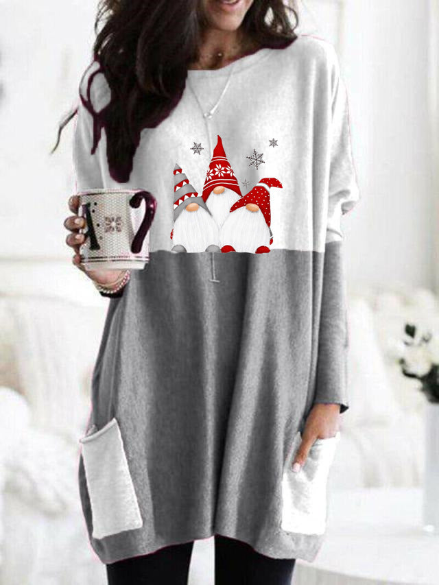 Christmas Printing New Long-Sleeved Color Casual Pocket T-Shirt Shirt Women's Clothing
