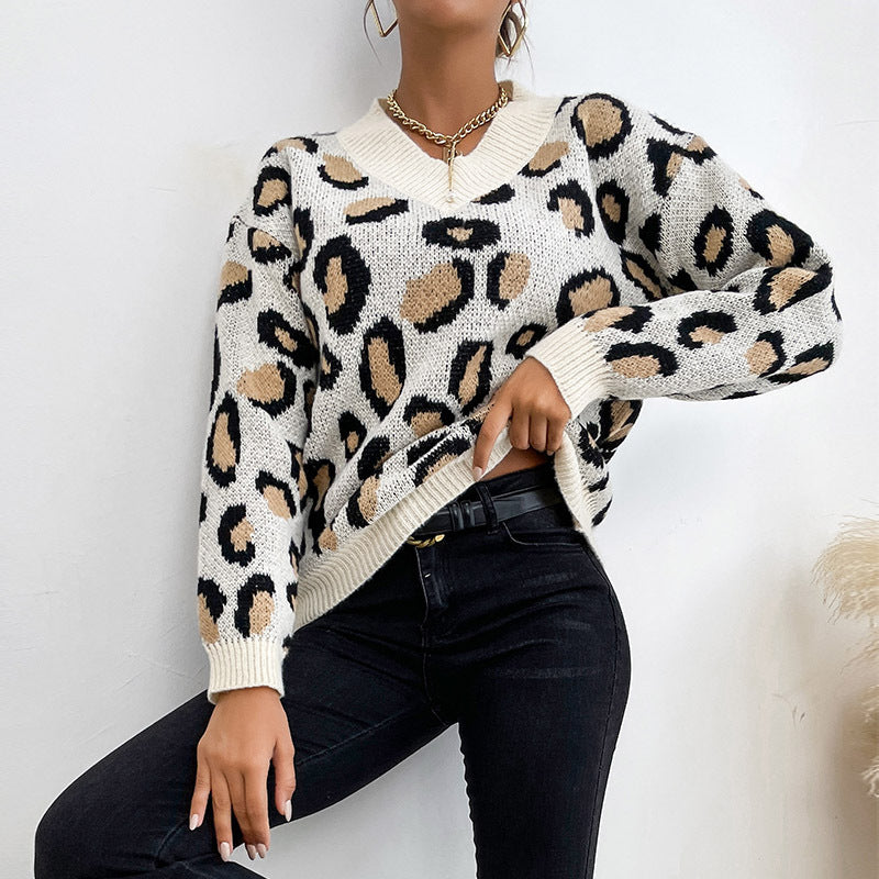 Stylish Leopard Print Knitted Pullover: Women's Autumn & Winter Fashion Sweater