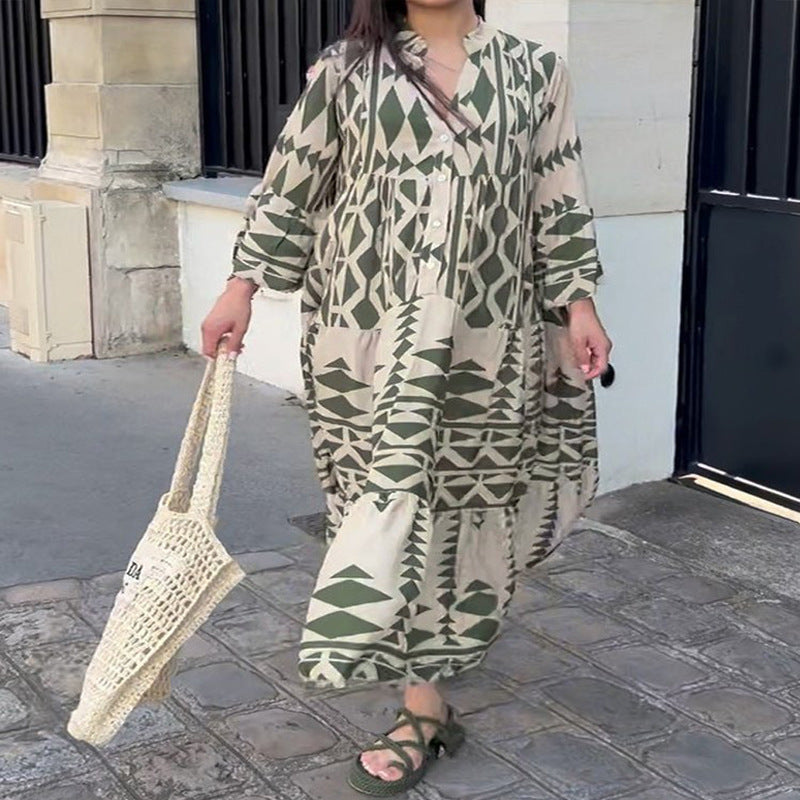 Large Size Women's Dress Autumn New Pullover Printed Bohemian Dress Women