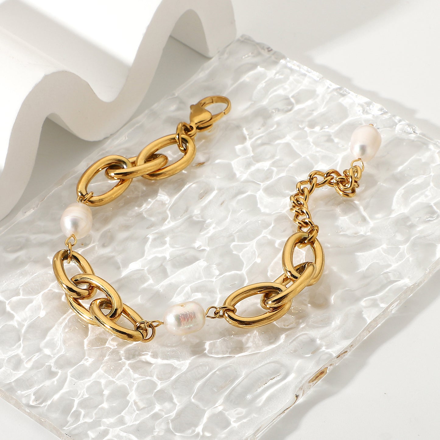 5pcs 18K Gold Plated Stainless Steel Pearl Bracelet 12Mm Oval Chain Chunky Bracelet Jewelry Women