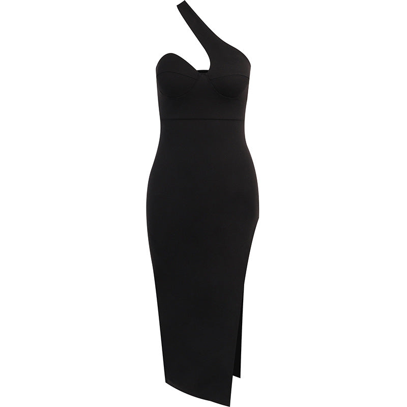 Spring And Summer New Women's Dress Temperament Sexy Oblique Shoulder Split Breast Dress Female