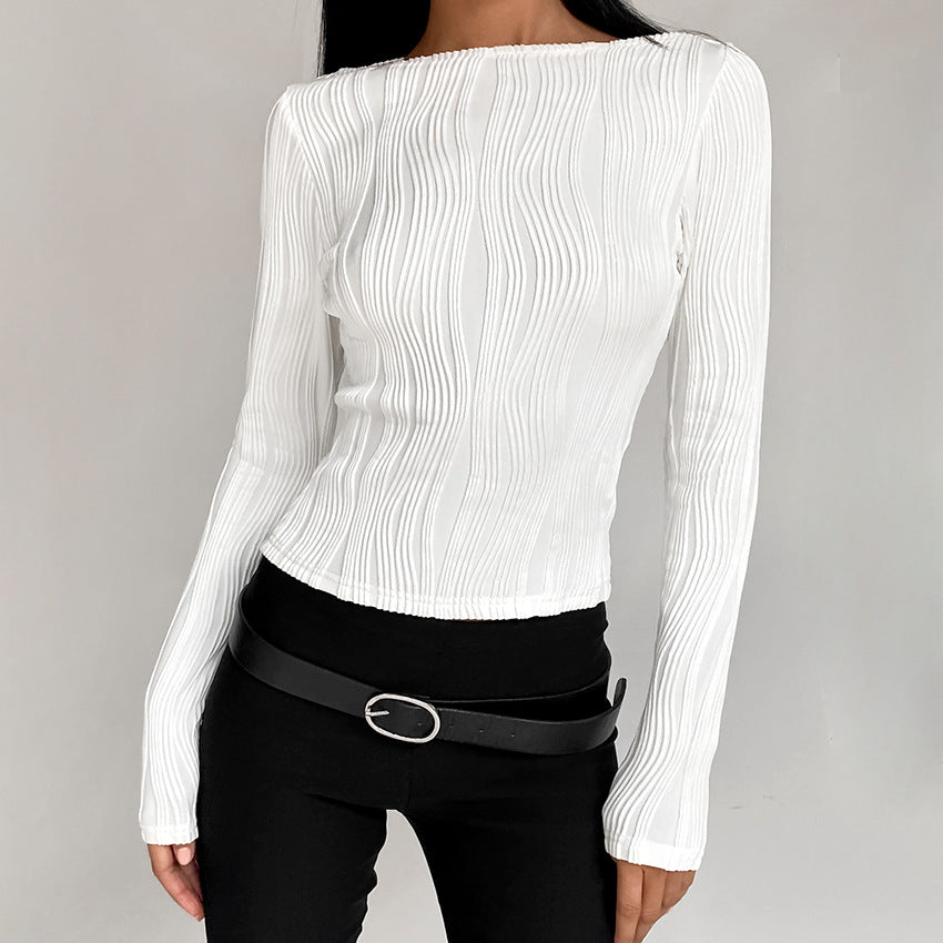 Knit Pleated Long-Sleeved T-Shirt Autumn And Winter New Slim-Fit With Women's Top Fashion Commute