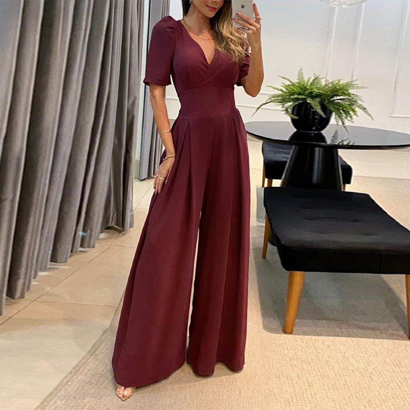 Women's Spring Style Casual V-Neck Lace-Up High Waist Bubble Short Sleeve Wide Leg Jumpsuit