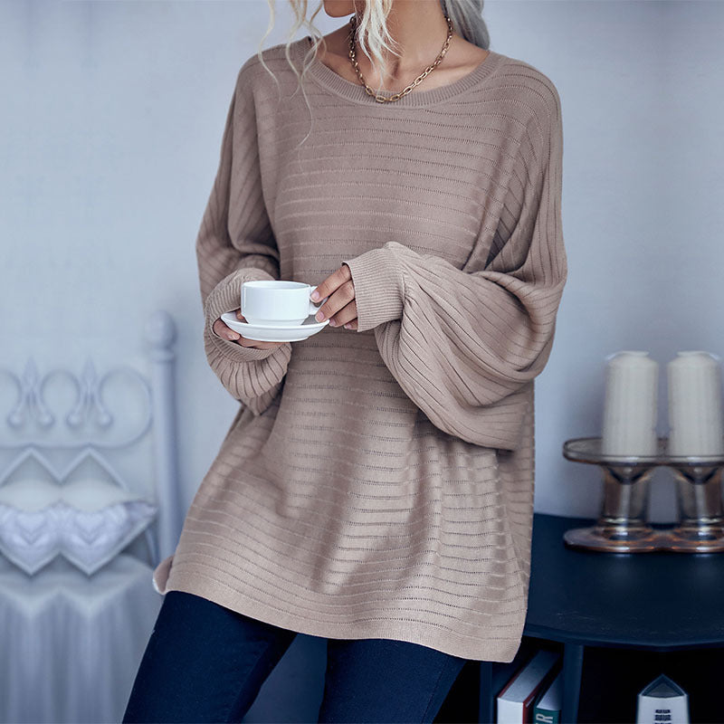 New Autumn Round Neck Medium Long Loose Solid Color Batsleeve Sweater