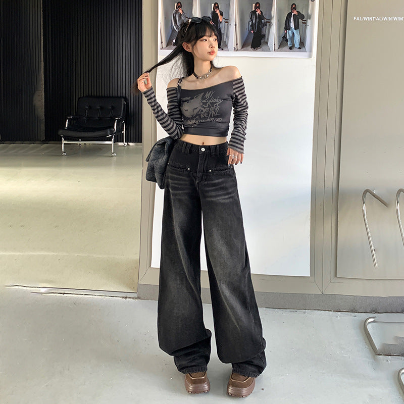 Pre-Fall Retro Washed High-Waisted Baggy Jeans Female Spice Personality Vertical Leg Jeans