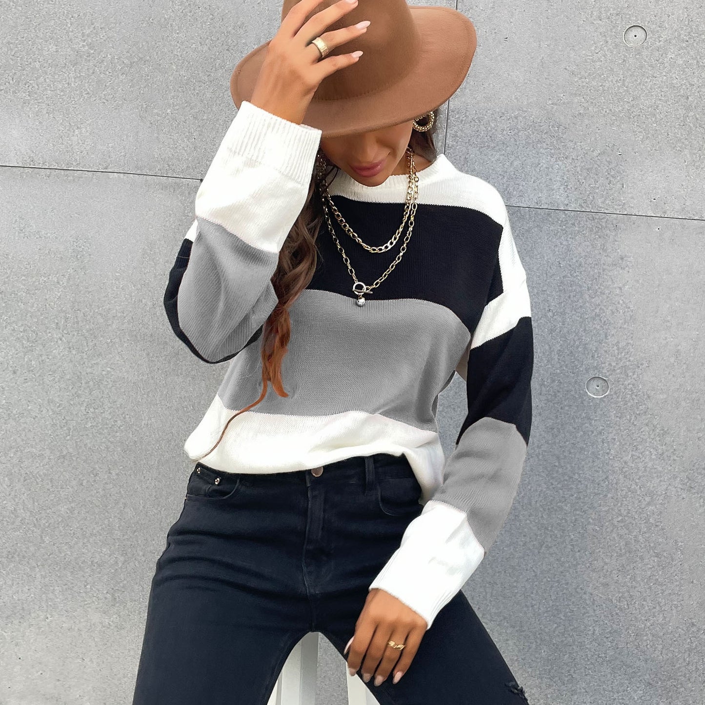 Striped Color Patchwork All-Match Knitwear Pullover Sweater for Women