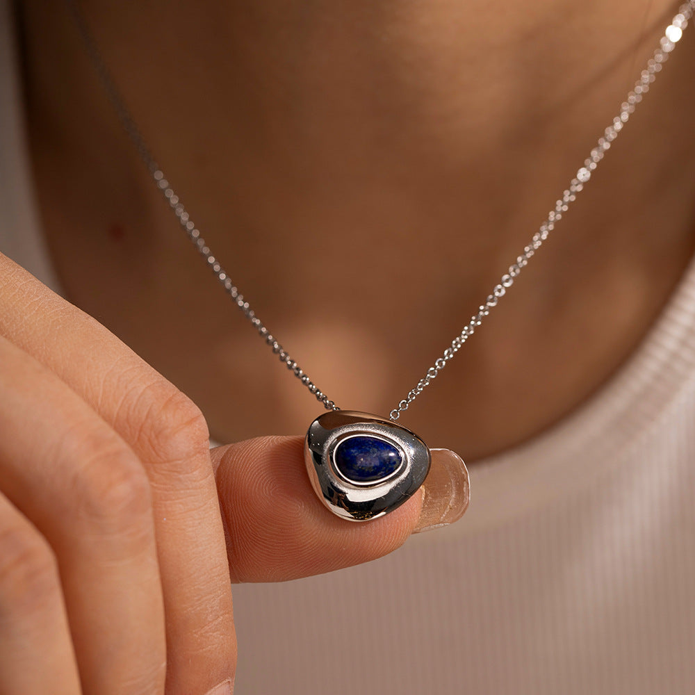 5pcs Summer New Style Retro Inlaid Lapis Lazuli Cold Metal Temperament All-Matching Titanium Steel Necklace