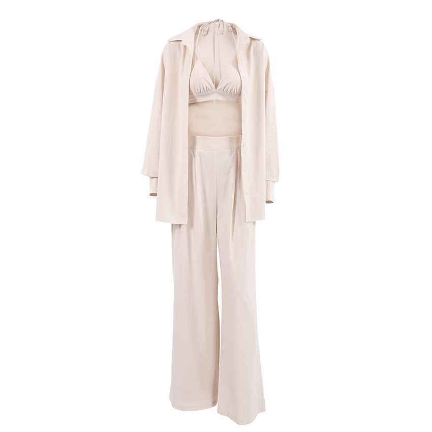 Summer Cotton Linen Women's Shirt Three-Piece Set Of Temperament Vest Straight Pants Design Sense Of Fashion Casual