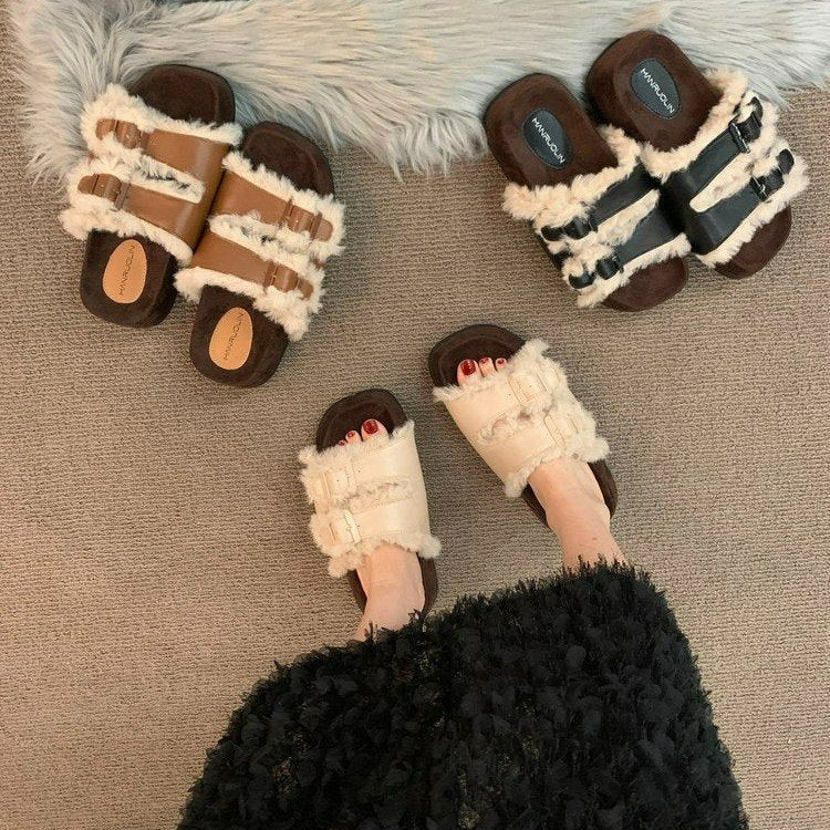 Fashion Niche Retro Furry Slippers Female Wear Autumn New Thick Soles