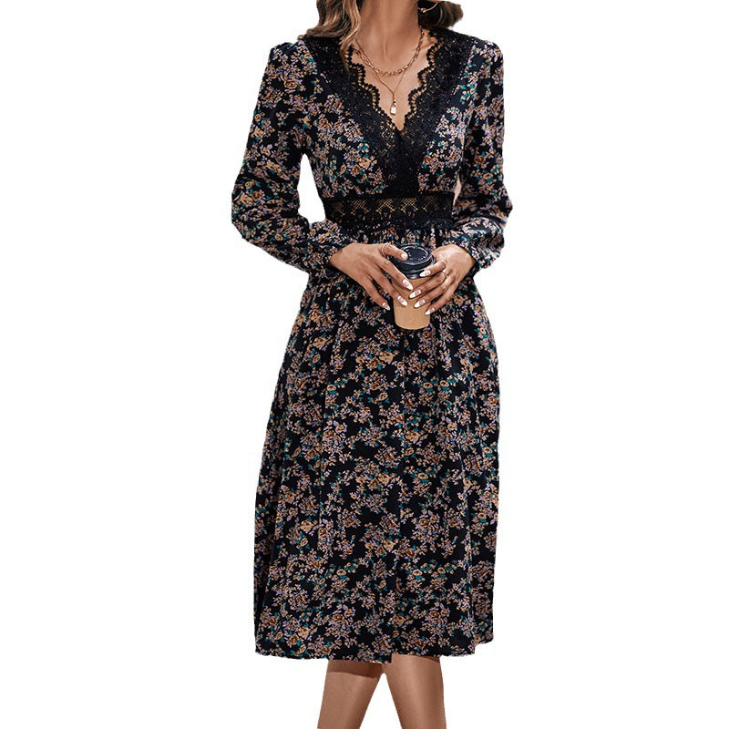 New Women's Spring And Autumn New Lace Lace V-Neck Slim Patchwork Dress