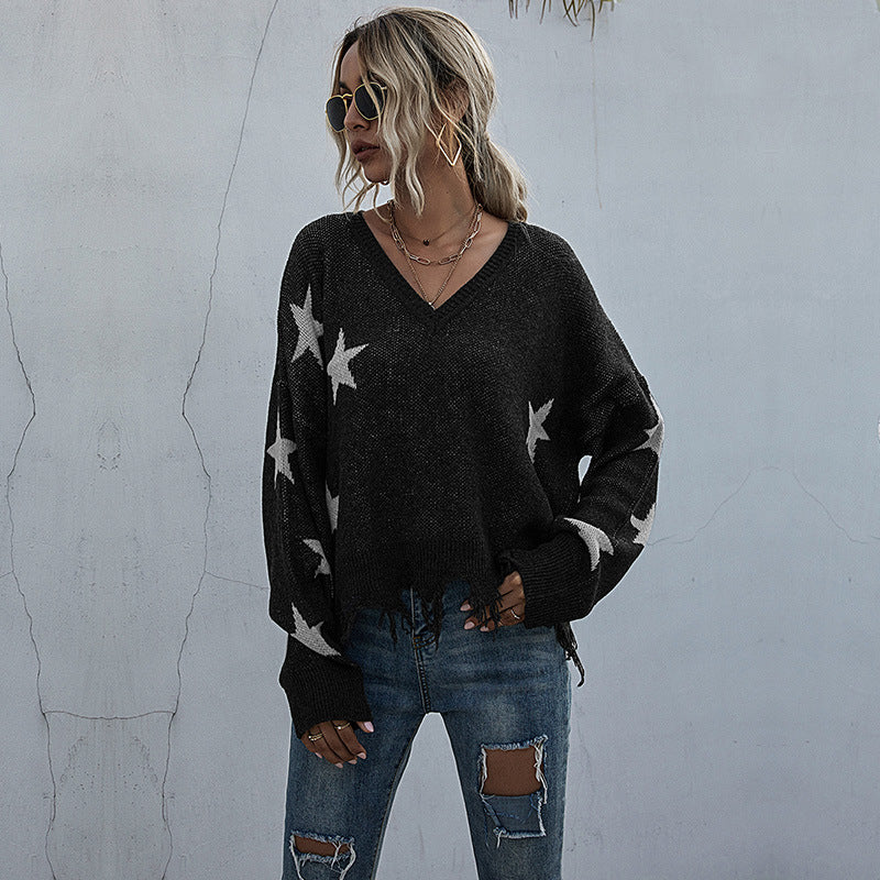 Women's Star Pattern V-Neck Fringe Knitted Sweater Autumn And Winter
