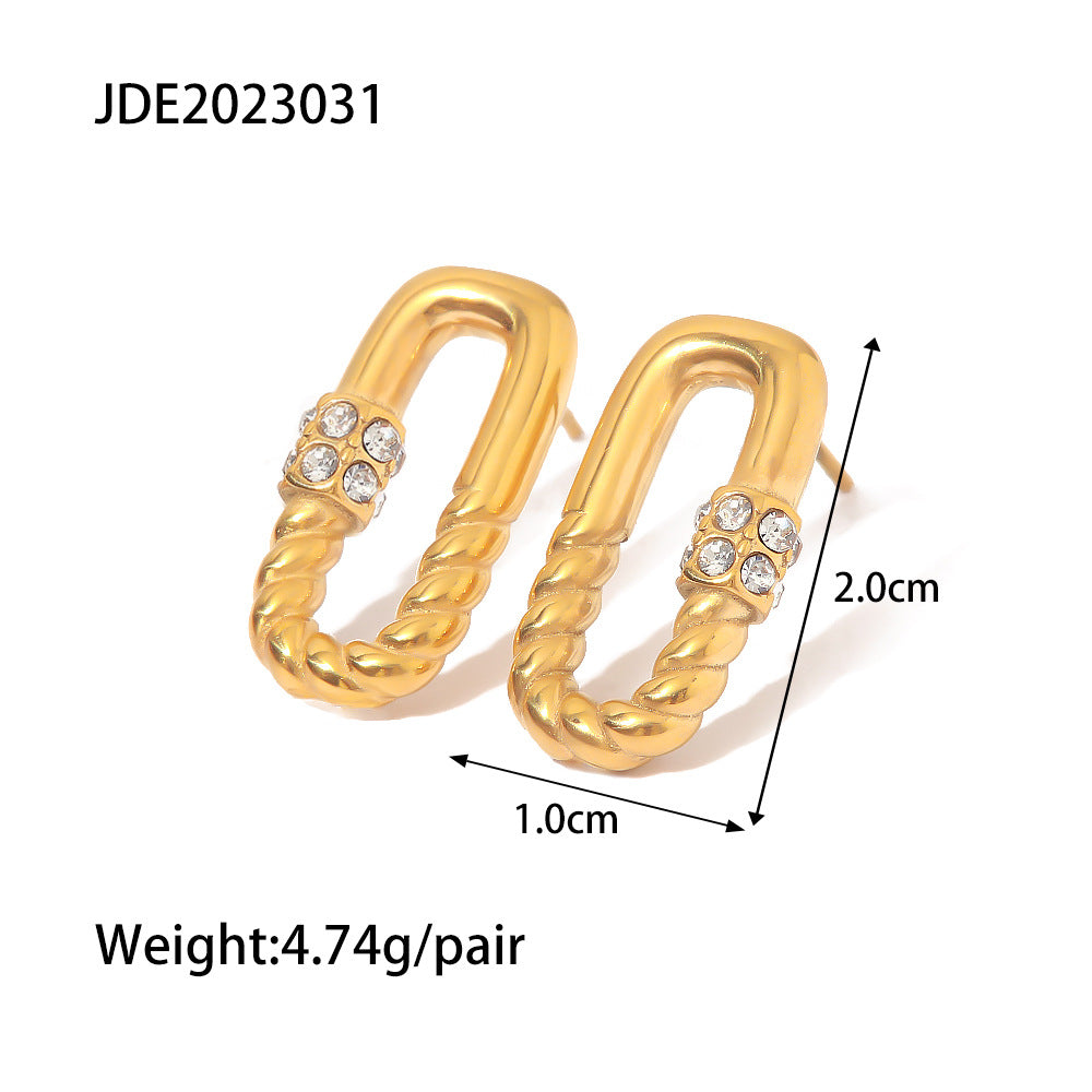 5pcs Stylish Vintage Titanium Steel Earrings For Women With Stainless Steel 18-Karat Gold Rectangular Twist Zircon Earrings