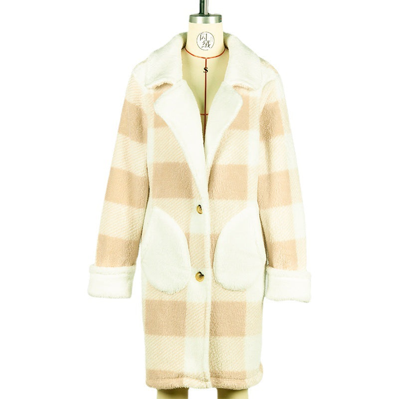 Glitter Women's Autumn And Winter Coat New Plaid Printed Suit Collar Single-Breasted Plush Long Coat