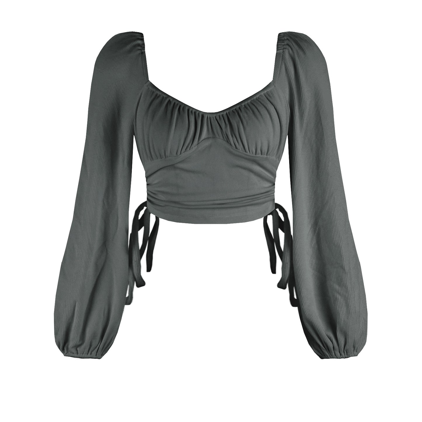 New Solid Color Sexy Square Neck Backless Autumn Drawstring Bm Top Fashion Lantern Sleeve Ribbed T-Shirt