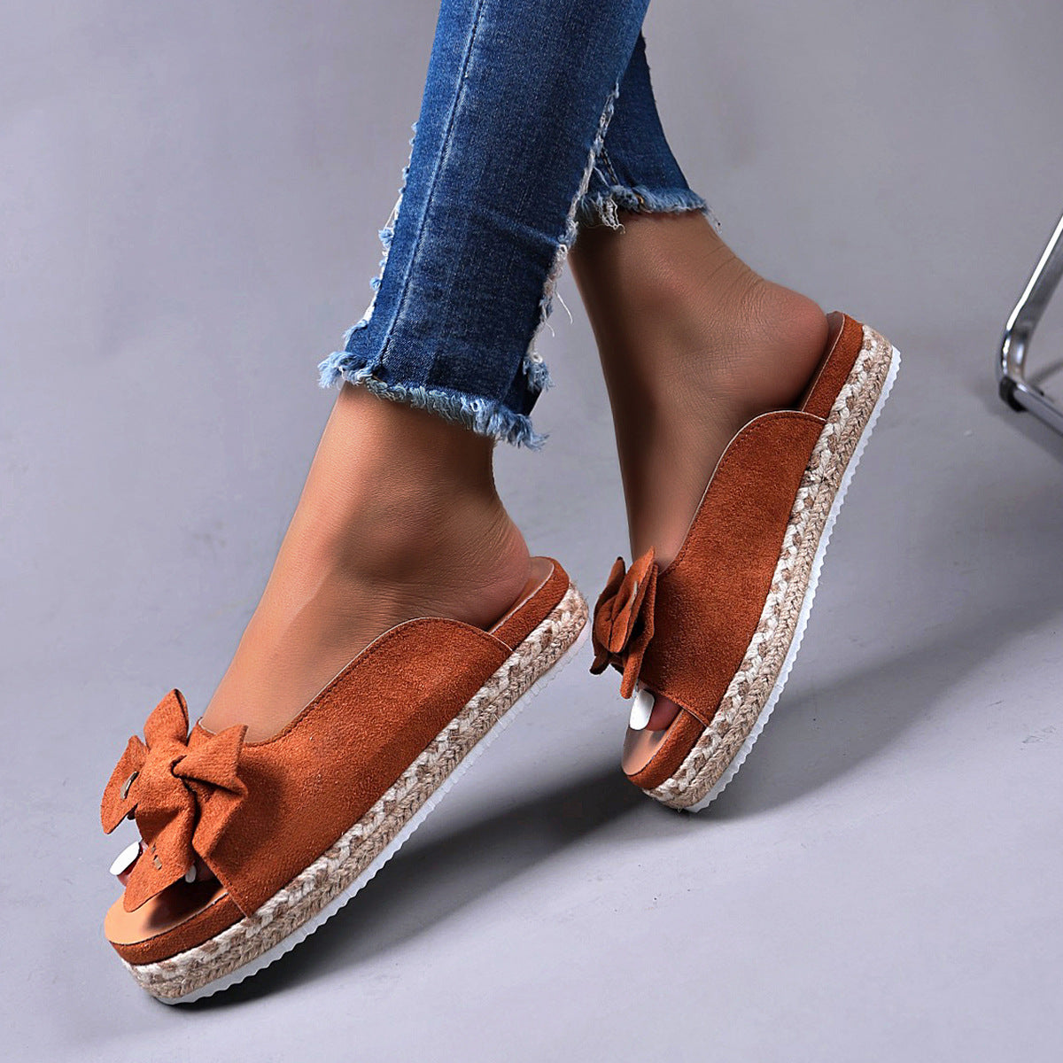 Thick Bottom One Line Sandals Female New Large Size Bow Outside To Wear Beach Slippers