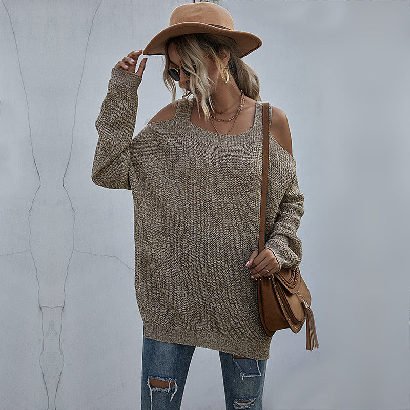 Autumn Solid Color Knitted Square Neck Off-Shoulder Bottom Sweater Women Long Sleeves In Autumn Women's