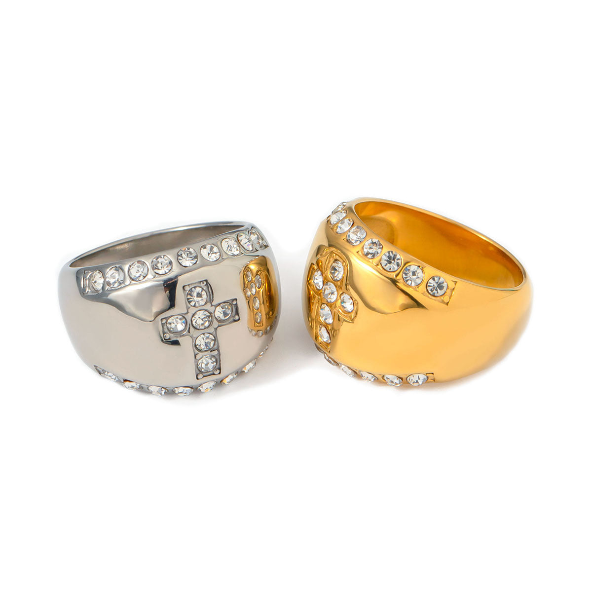 5pcs 18K Gold Stainless Steel Diamond Set Cross Ring No. 7 All-Match Stainless Steel Ring