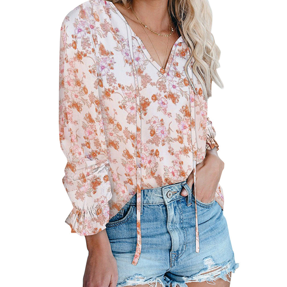 Bohemian Style Long-Sleeved Chiffon Blouse Women's Loose V-Neck Pullover Top