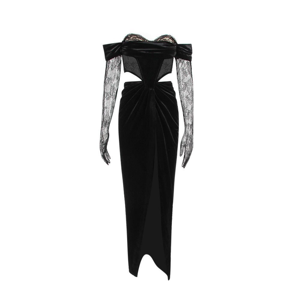 Autumn And Winter Women's One-Shoulder Lace Long-Sleeved Canary Dress Sexy Waist Slit Evening Dress