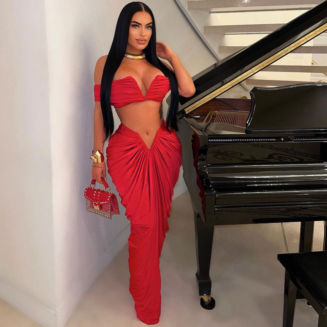 Sexy Sleeveless Top Stretch Tight Floor Length Pleated Skirt Two-Piece Set