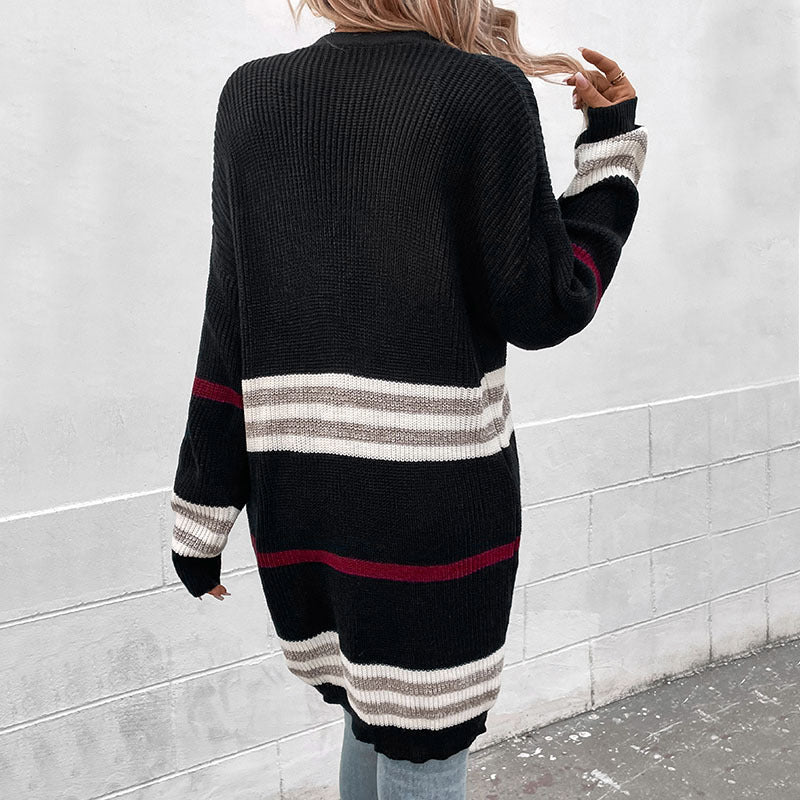 Fashion Women's Autumn And Winter New Long-Sleeved Color Long Sweater Cardigan Coat