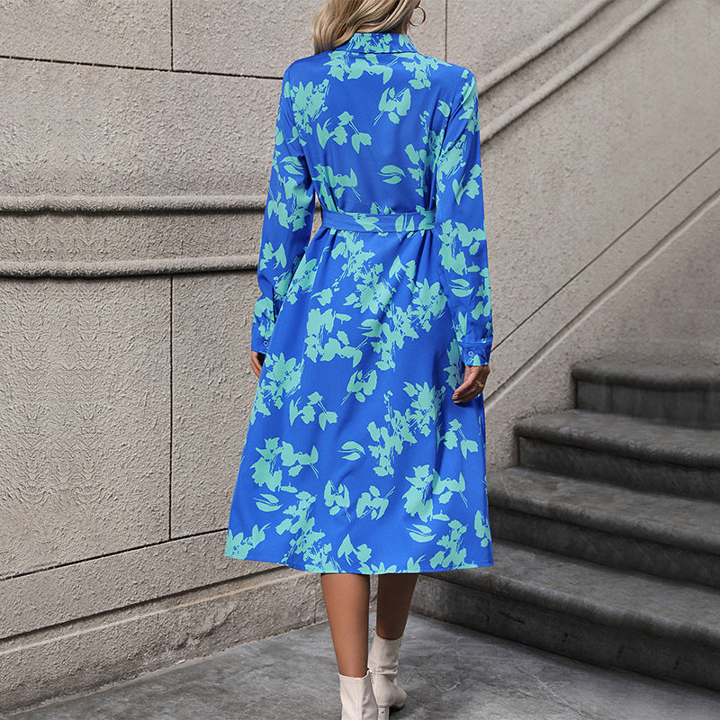 New Autumn Women's Long-Sleeved Lapel Print Dress