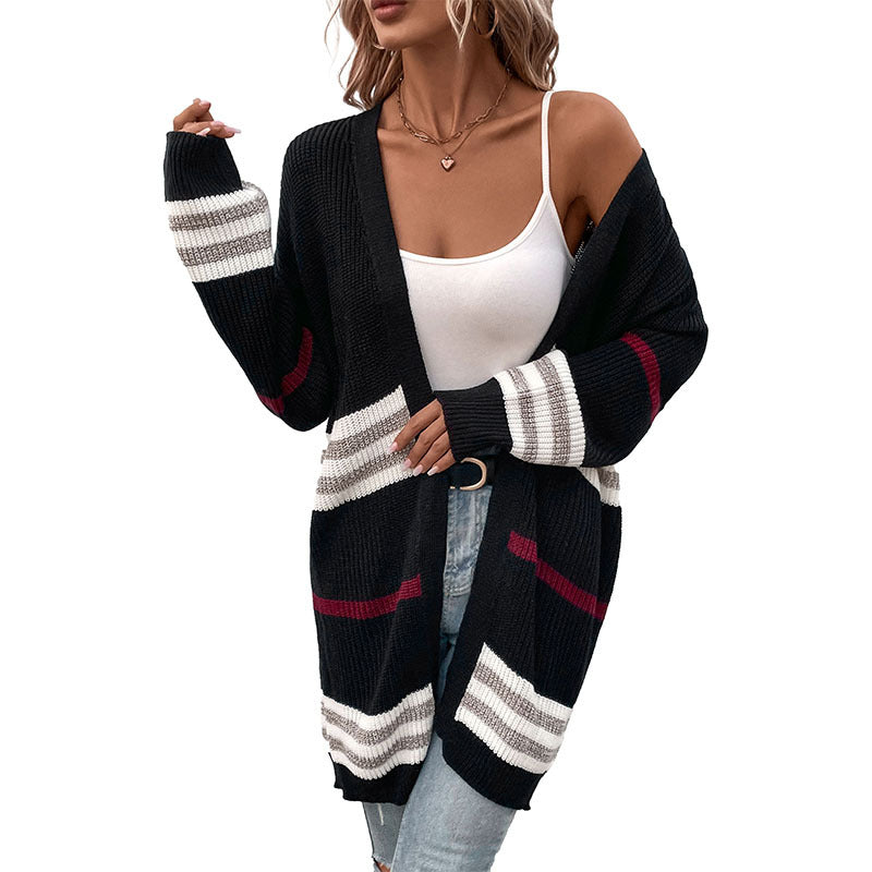 Fashion Women's Autumn And Winter New Long-Sleeved Color Long Sweater Cardigan Coat