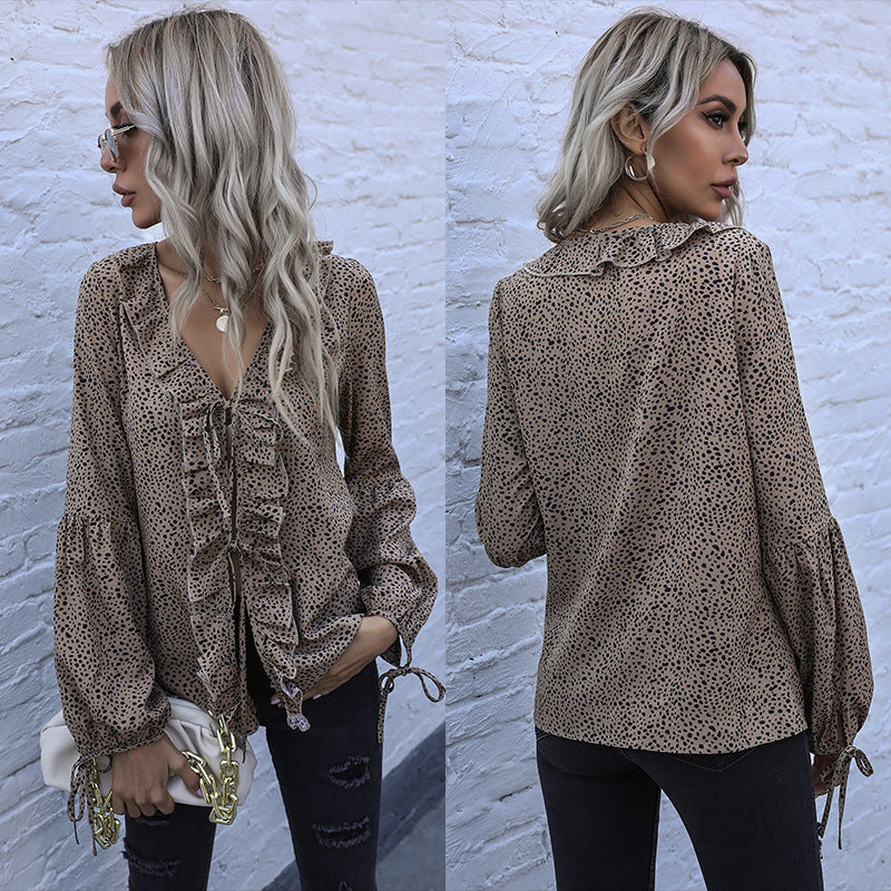 Wind Top Tie Loose V-Neck Long Sleeve Leopard Lace Shirt