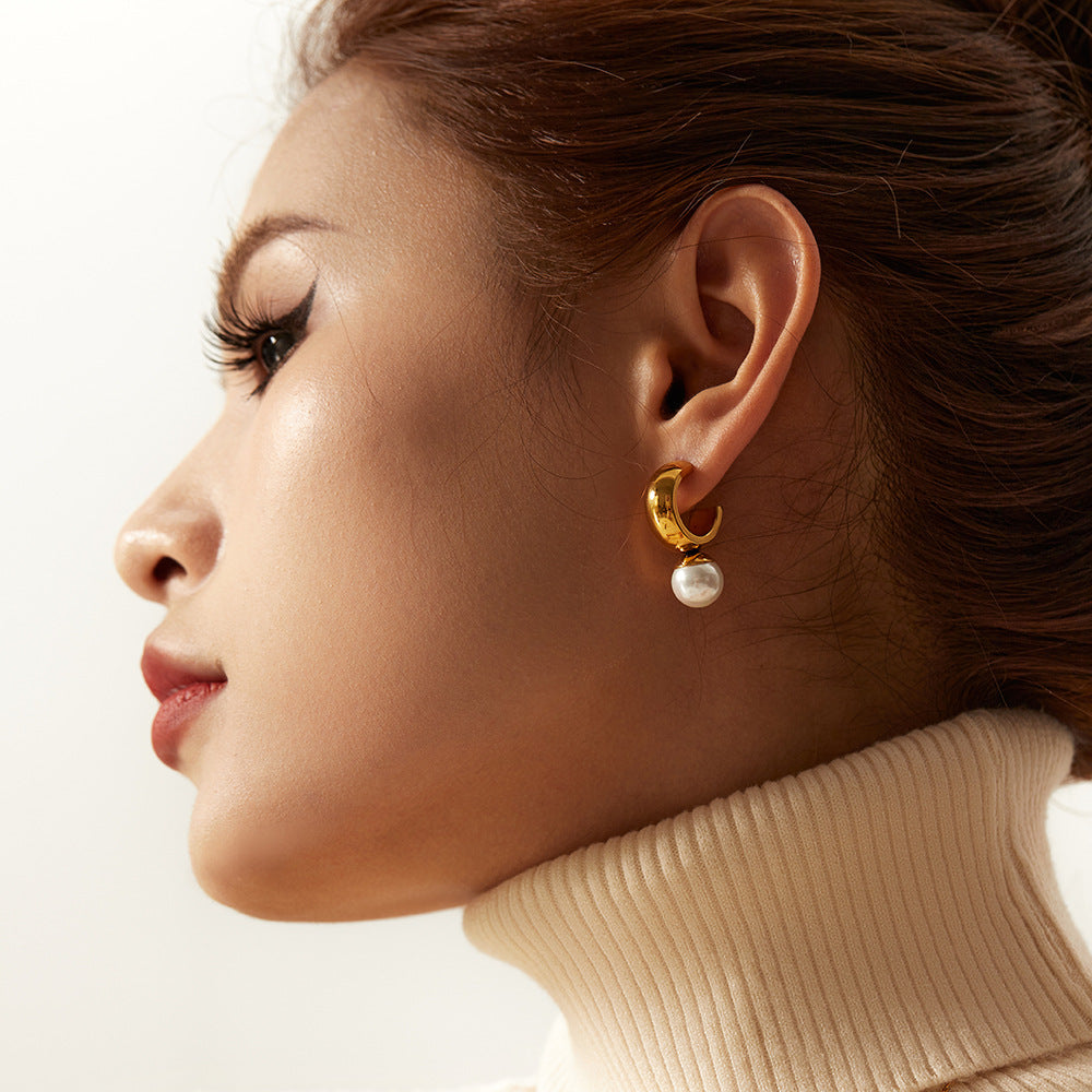 5pcs New Titanium Steel Earrings 18K Gold Stainless Steel Smooth C-Shaped Pearl Earrings
