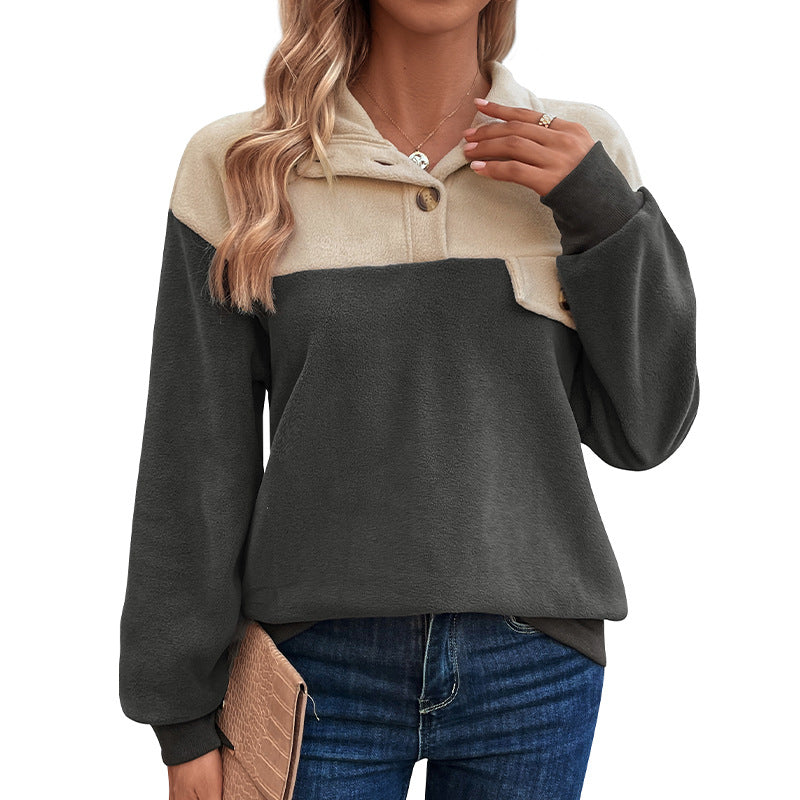 Stand Collar Pullover Coat Women's New Autumn And Winter Fleece Contrast Color Hoodie