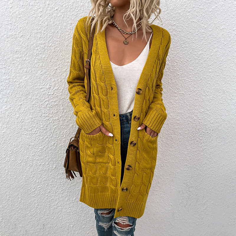 Drizzle Knitwear Autumn And Winter New Long Twist Sweater Women New Button Cardigan