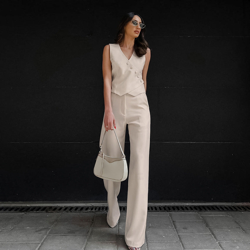 Commuter Apricot Cotton Vest Vest Vest Broadleg Pants Two-Piece Women's Summer Deconstruction Design Sense Suit