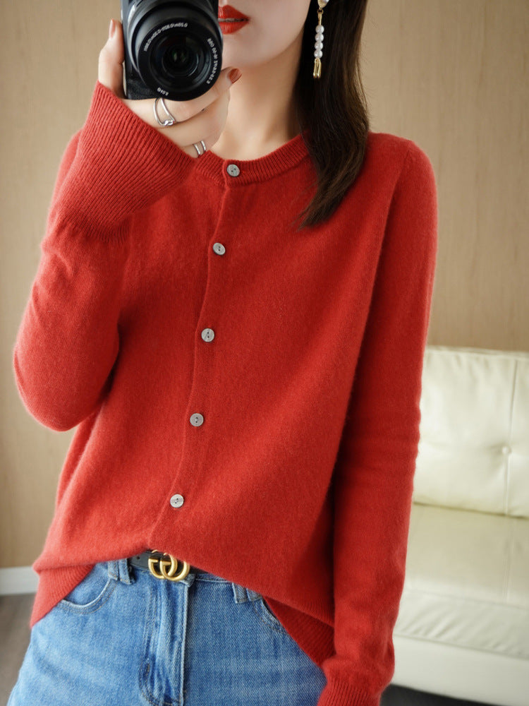 100 All-Wool Sweater Women's Knitted Crewneck Cardigan Casual Everyday Slimming Spring Cashmere